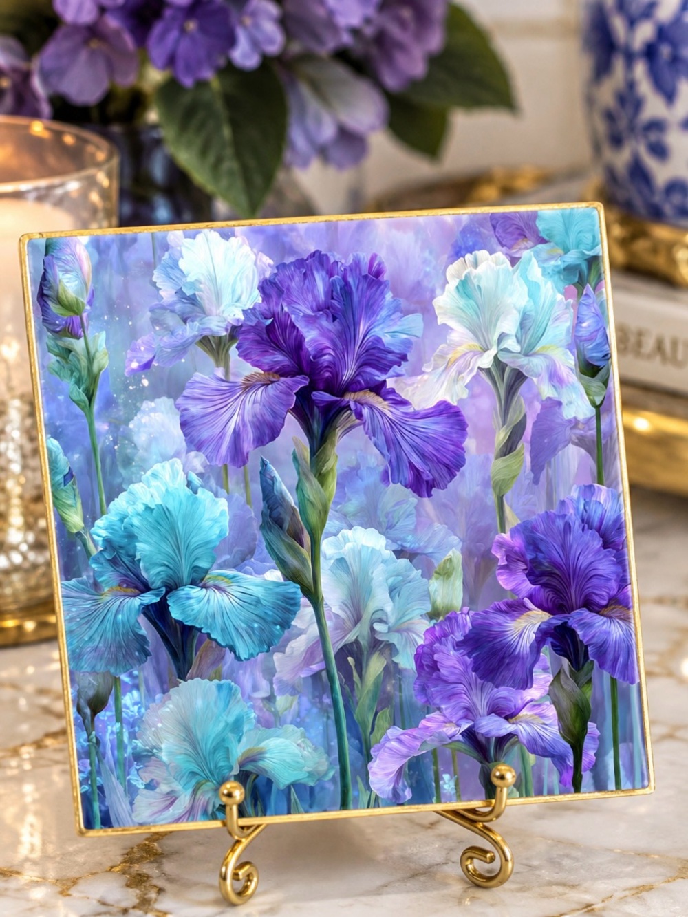 Hand crafted purple iris ceramic coaster stone with gold stand 4”